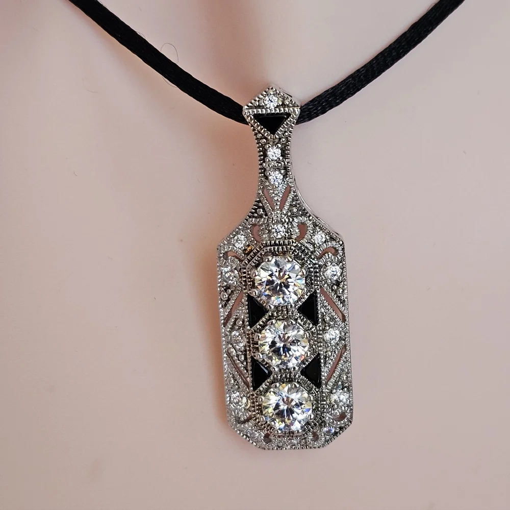 Stunning Edwardian Style Black Onyx & Diamond Simulant Pendant Sterling Silver!